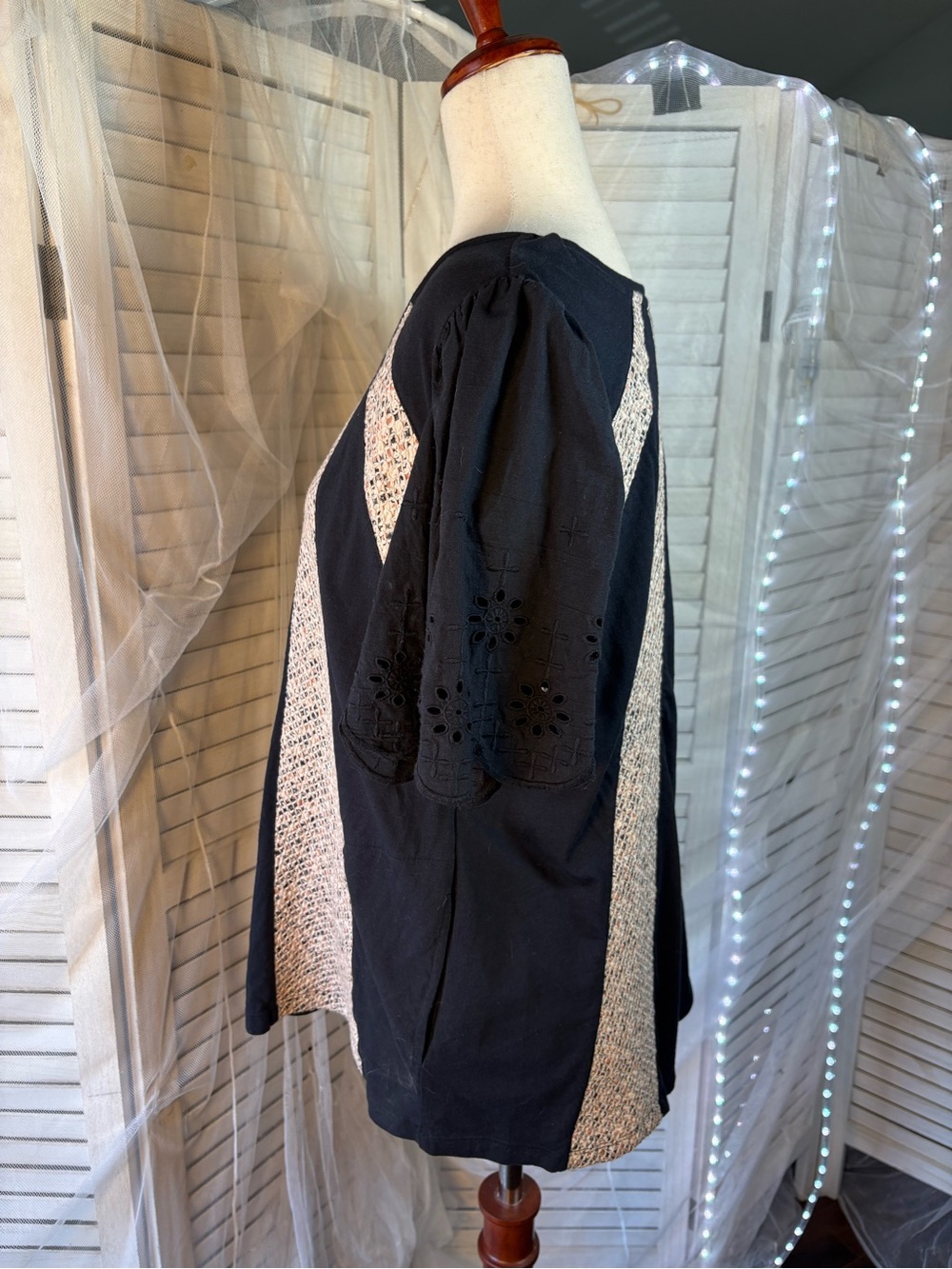 LOGO by Lori Goldstein Black Top with Cream Lace Panels - Picture 3 of 5